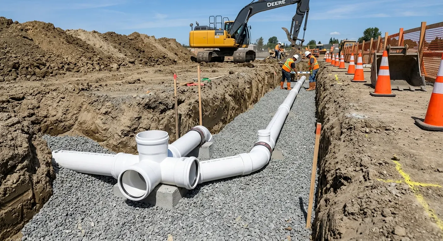New PVC sewer pipe installation in open trench for Commercial Drain Cleaning in Philadelphia